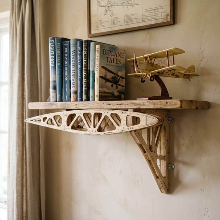 A skeletal wing rib makes an unexpectedly elegant shelf for books and small models.