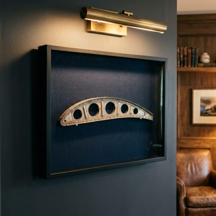 A retired wing rib becomes museum-like wall art when isolated against dark fabric.