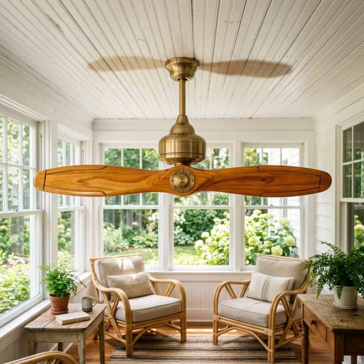 A propeller-blade ceiling fan brings gentle aviation flair overhead.
