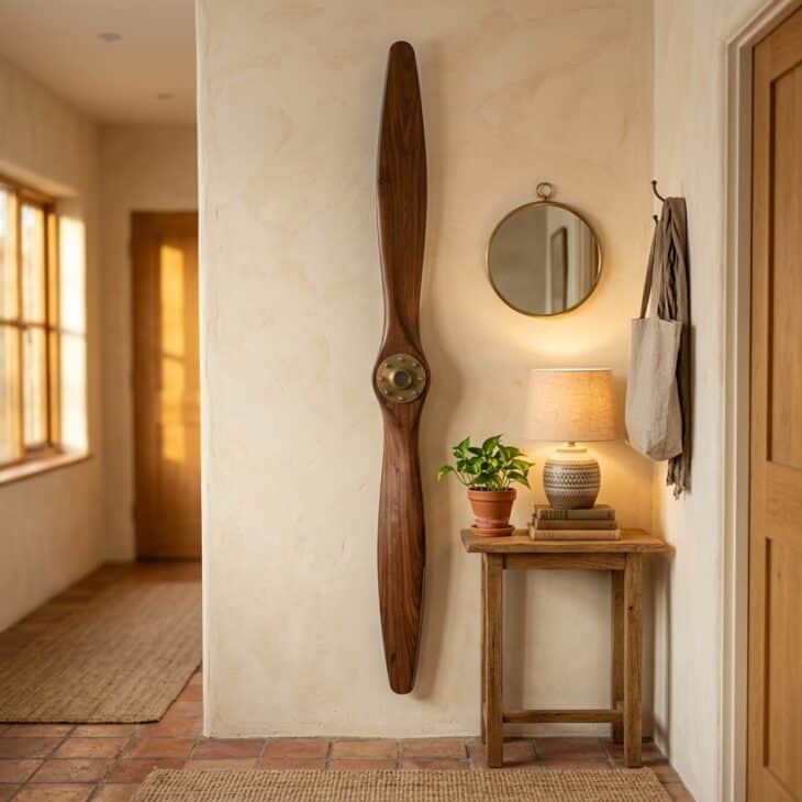 A vertical wooden propeller turns a narrow entryway wall into a sculptural moment.