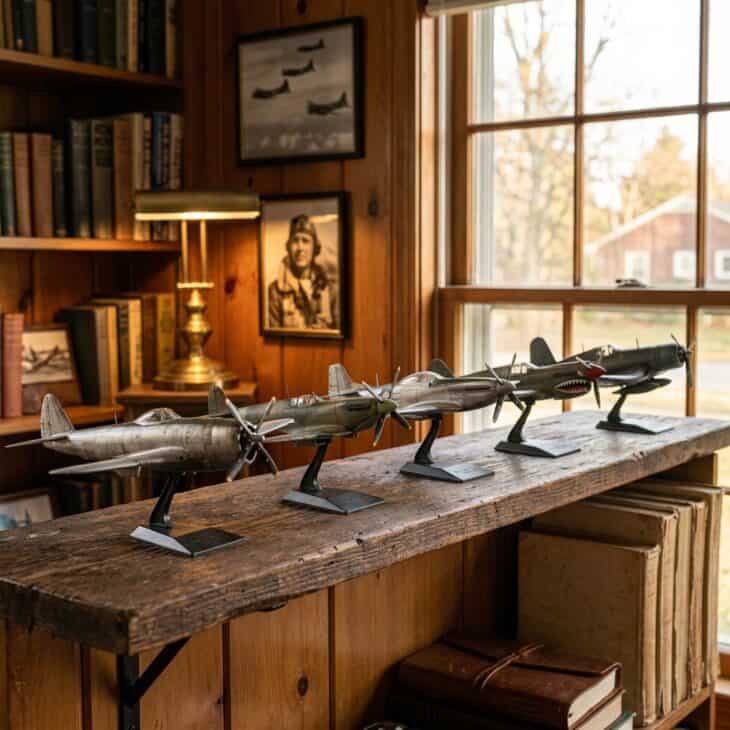 A single long shelf lets a set of warbirds line up like a squadron.
