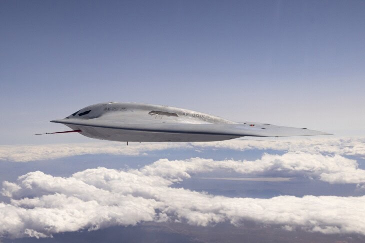 A B-21 Raider conducts flight testing