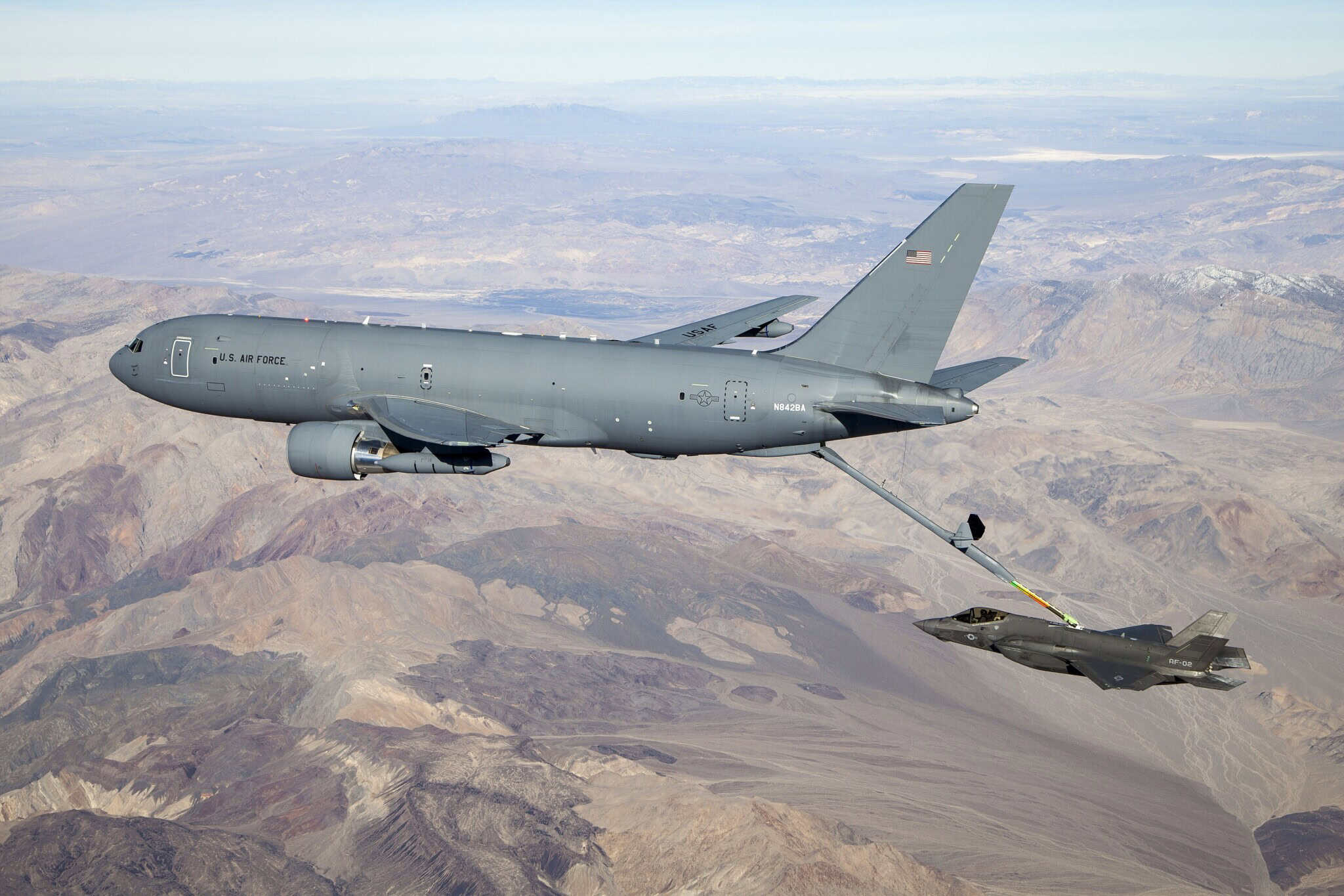 A KC 46A connects with an F 35A Lightning II over California in 2019