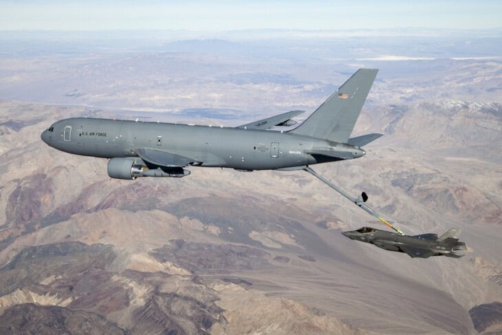 A KC 46A connects with an F 35A Lightning II over California in 2019