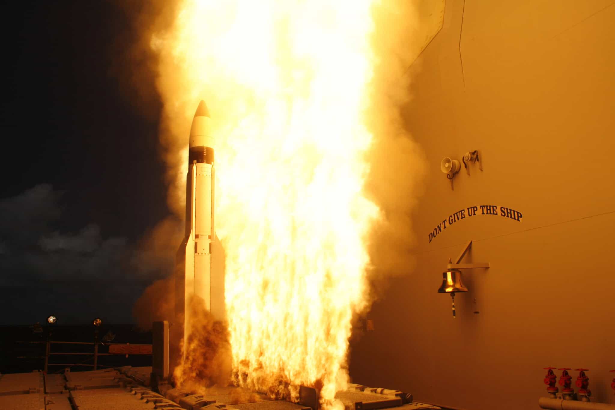 A RIM 161 standard missile 3 (SM 3) is launched from the Aegis cruiser USS Lake Erie