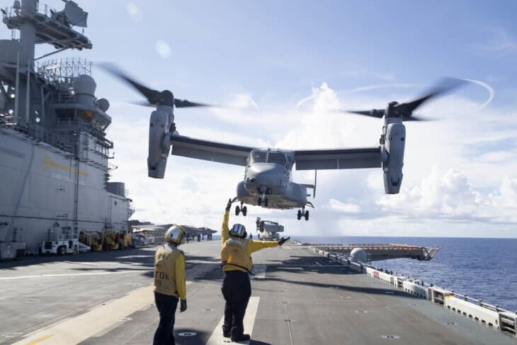 An MV 22 Osprey takes off from USS Tripoli in 2022