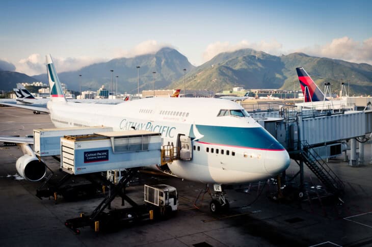 Cathay Pacific 747 being serviced by the catering services