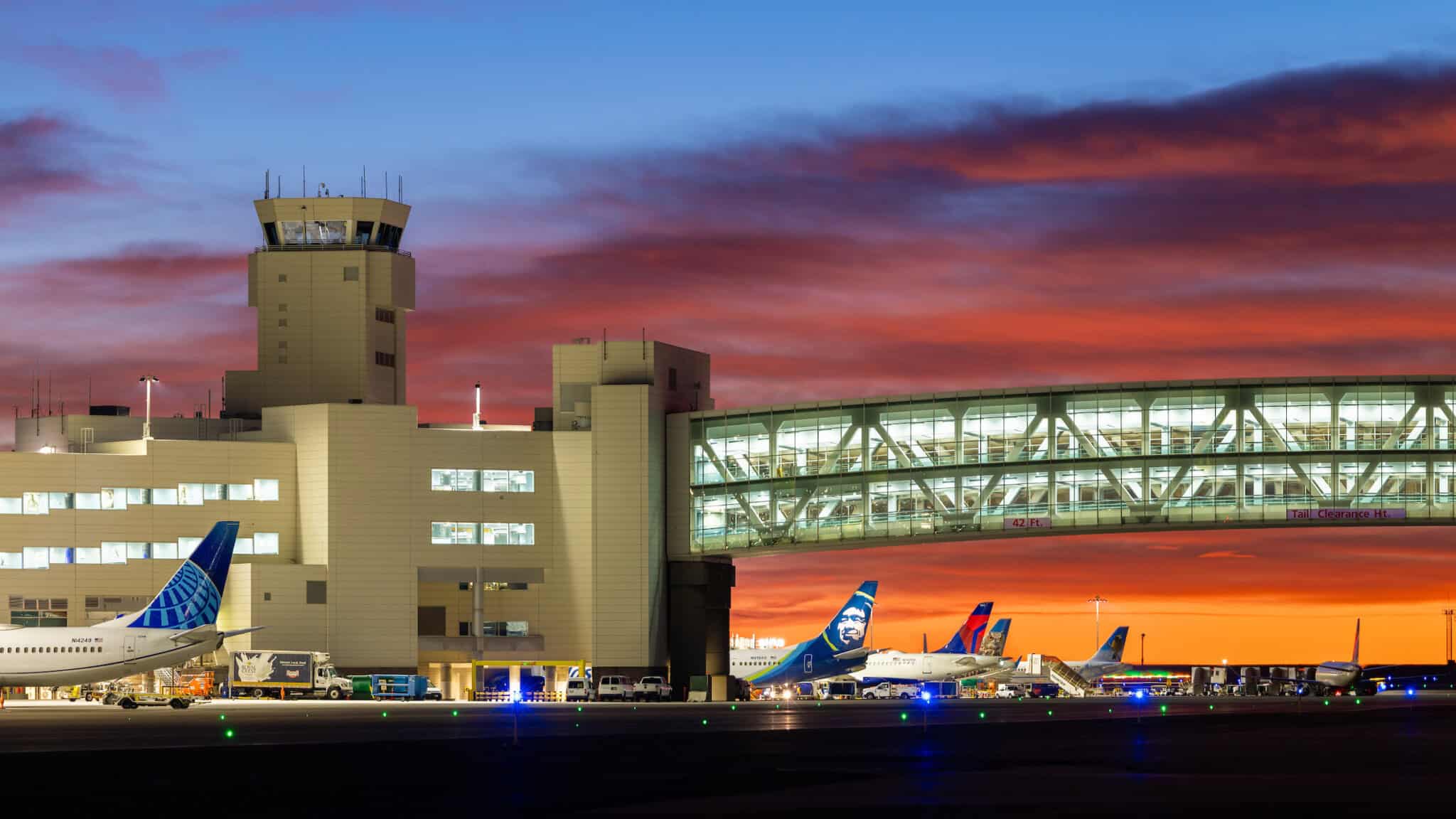 Denver airport tower and bridge
