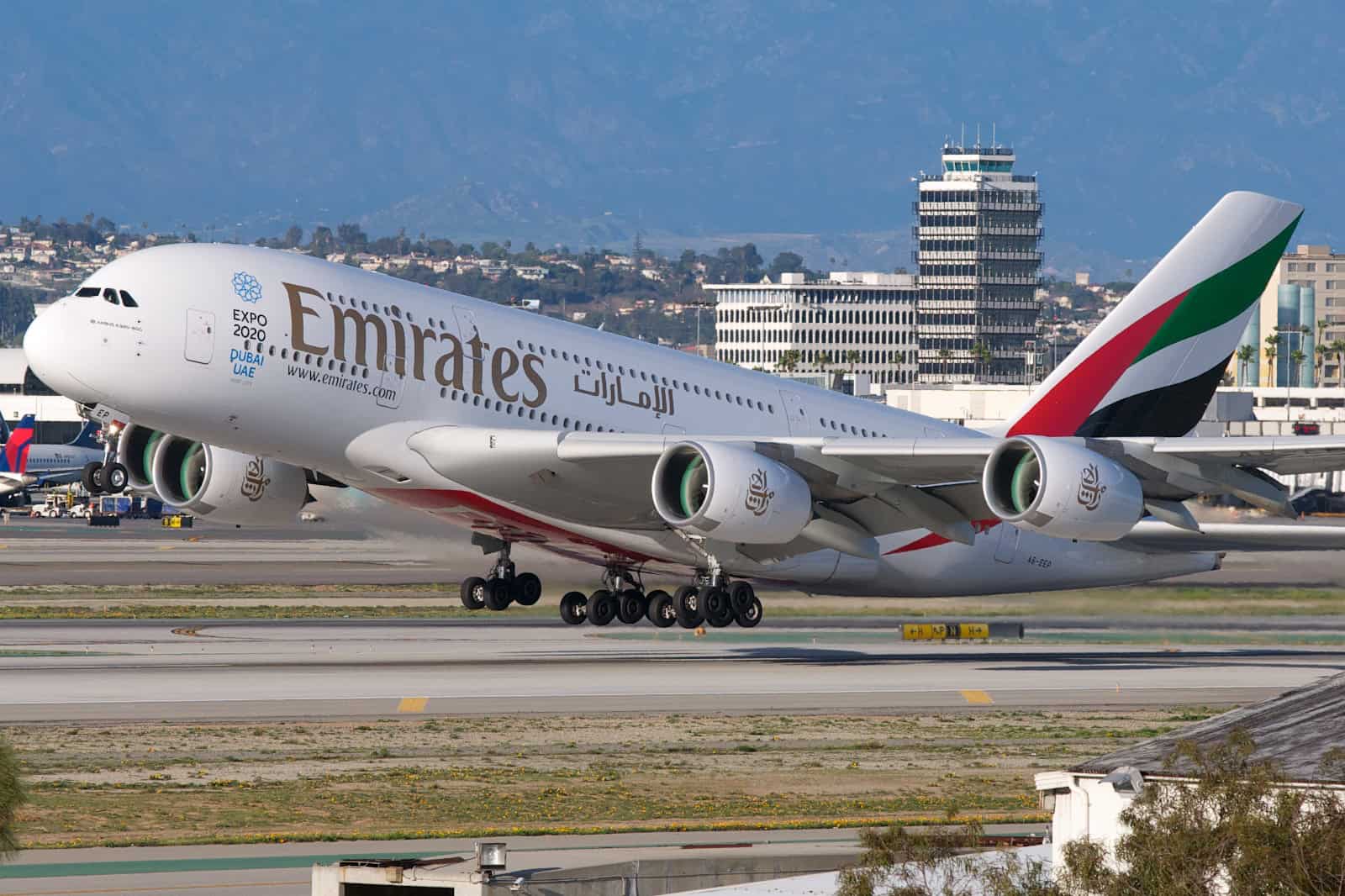 Emirates Airbus A380-800 lifting off from Los Angeles International Airport