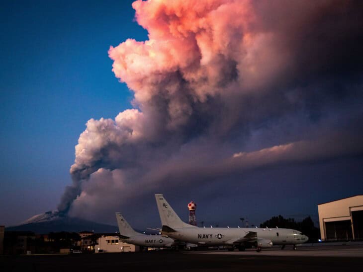 February 2021 Mt Etna eruption seen from Naval Air Station Sigonella