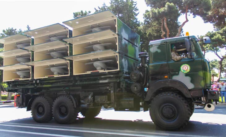 Launch containers for nine Harops on MAZ 6317 truck in Azerbaijani service