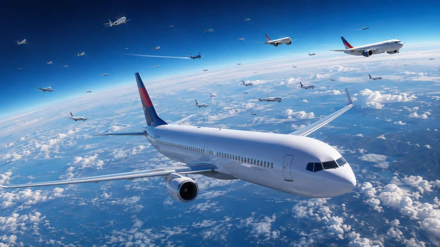 Many commercial airplanes in the sky