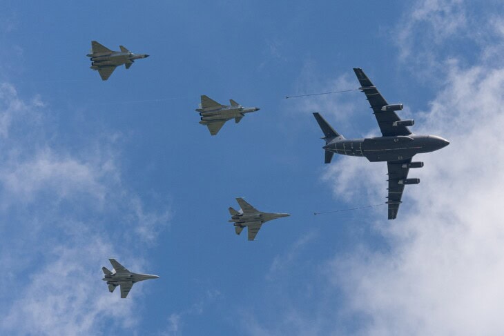 Shenyang J 16 and Chengdu J 20 multirole fighters along with tanker aircraft Xian YY 20 in an aerial refueling formation