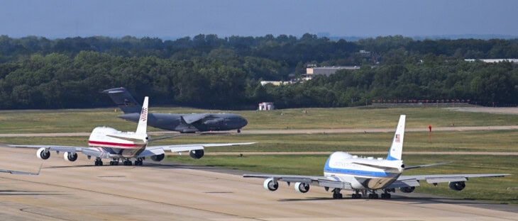 The VC-25B Bridge (left) taxiing with a VC-25A (right) at Joint Base Andrews
