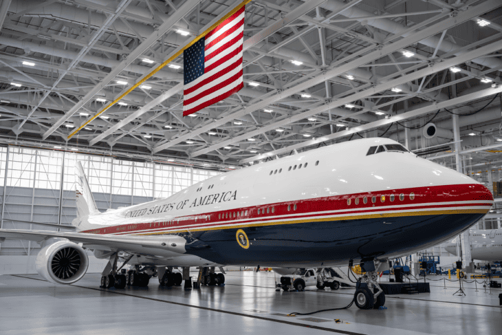 The operational Boeing VC-25B Bridge interim presidential aircraft, modified from a gifted Qatari Boeing 747-8