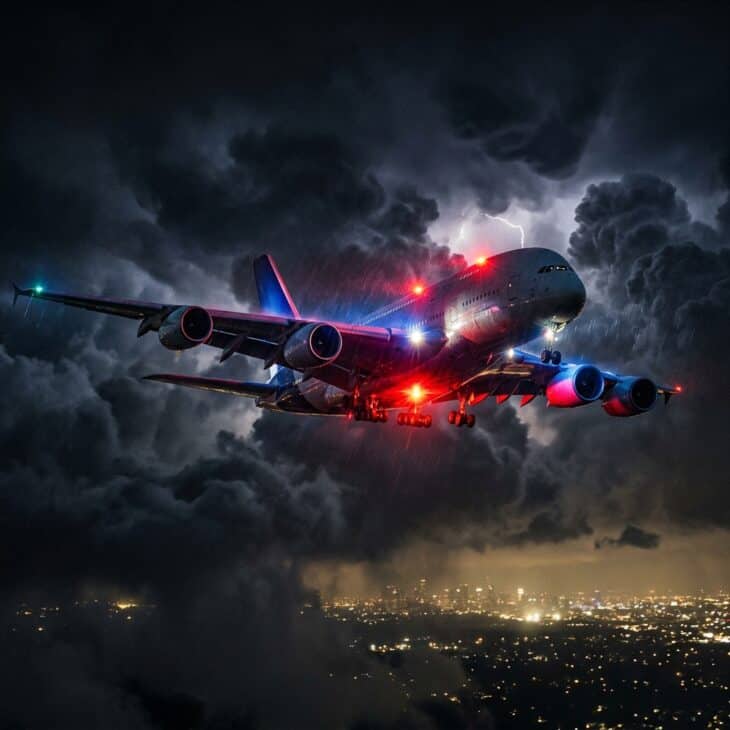 Large wide-body jet in stormy night clouds with dramatic emergency lighting
