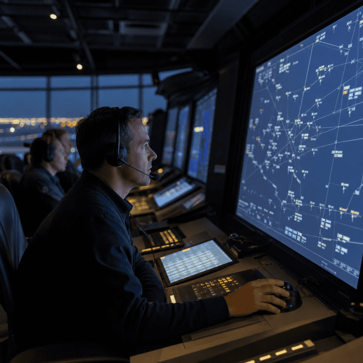 Controllers work traffic from darkened radar rooms as well as glass tower cabs.