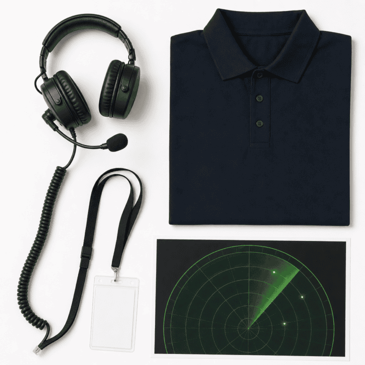 A headset, lanyard badge, and radar-screen prop for a controller costume.
