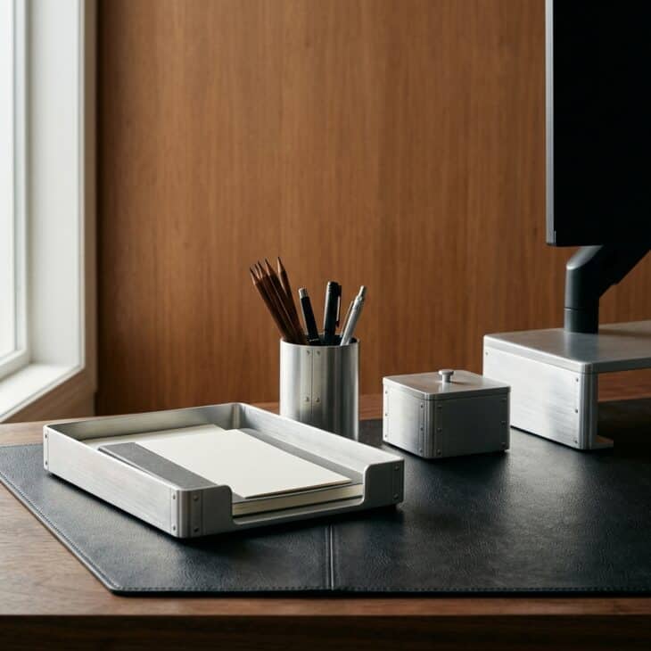 Brushed aluminum and restrained rivet details bring airframe texture to useful desk accessories.