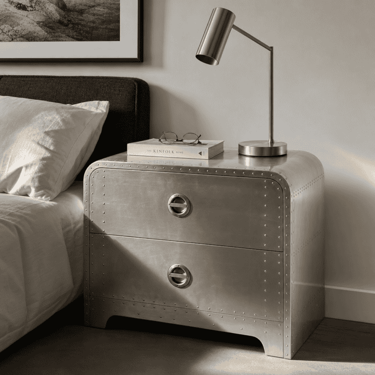 A riveted aluminum nightstand echoes real fuselage skin panels.
