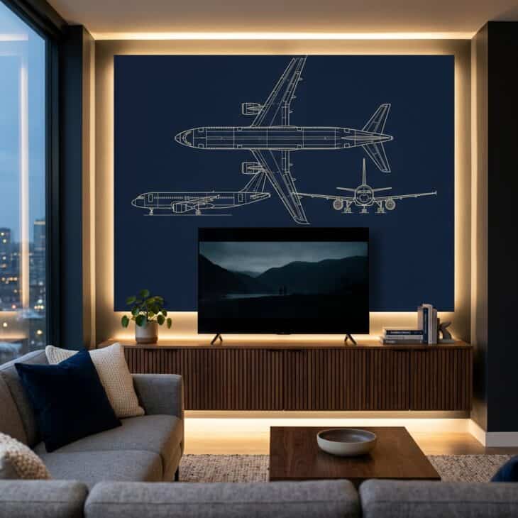 A large three-view drawing gives the media wall structure without surrounding the screen with clutter.