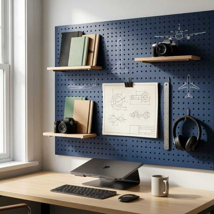 A navy pegboard combines technical aviation art with flexible tool storage.