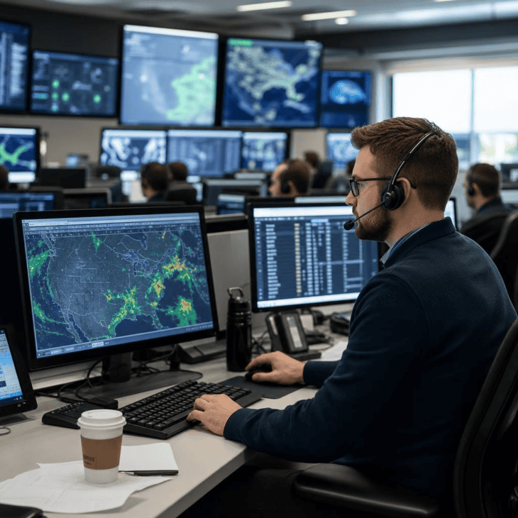 Dispatchers plan and watch flights from an operations center, sharing legal control with the captain.