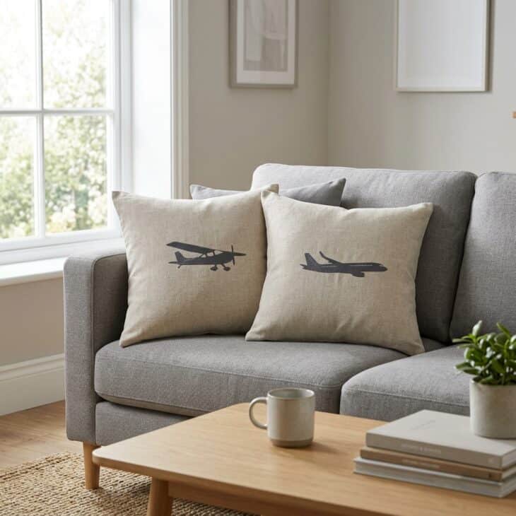 Silhouette pillows add an aviation touch to a sofa without shouting about it.