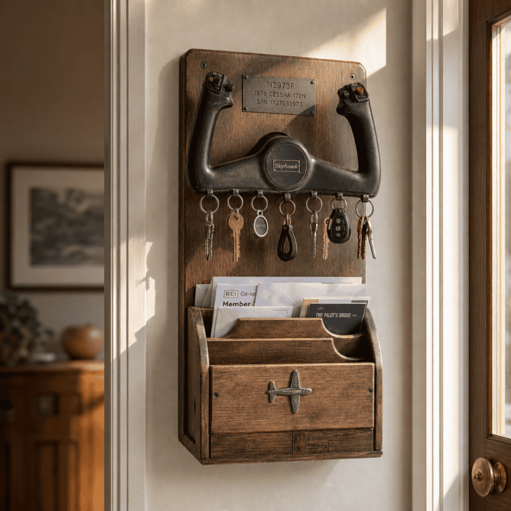 A repurposed control yoke doubles as a mail and key organizer by the door.