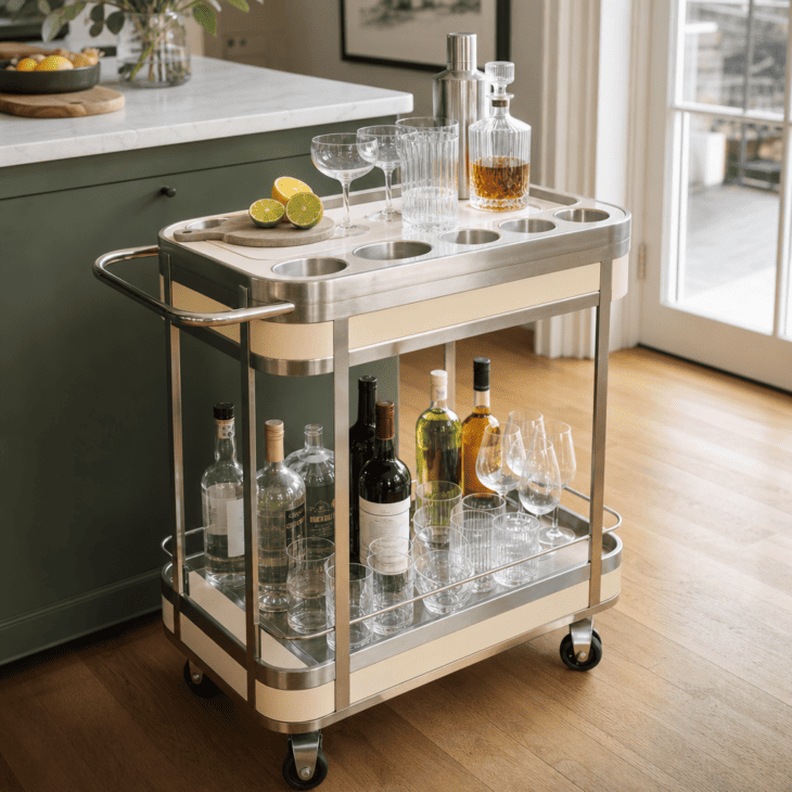 A beverage-cart-inspired bar cart stands ready beside the kitchen island.