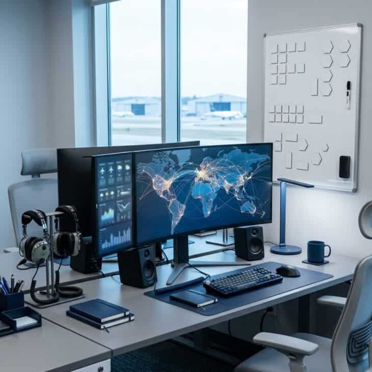 A route-focused operations desk uses clear zones and multiple displays without visual clutter.