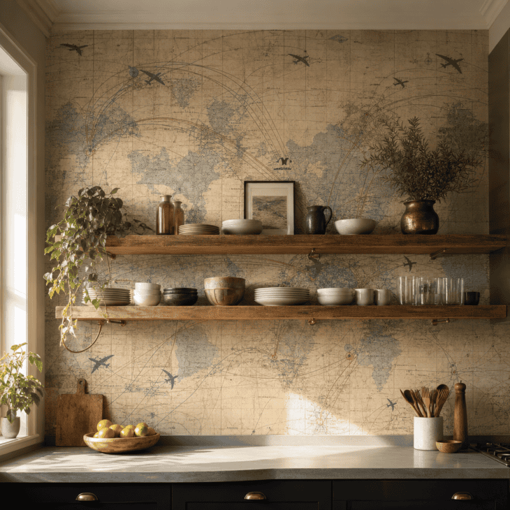 A route-map accent wall sits behind open shelving in the kitchen corner.