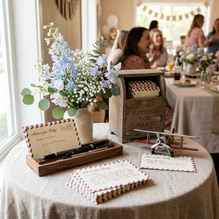 Airmail advice cards invite guests to send thoughtful notes to the new parents.