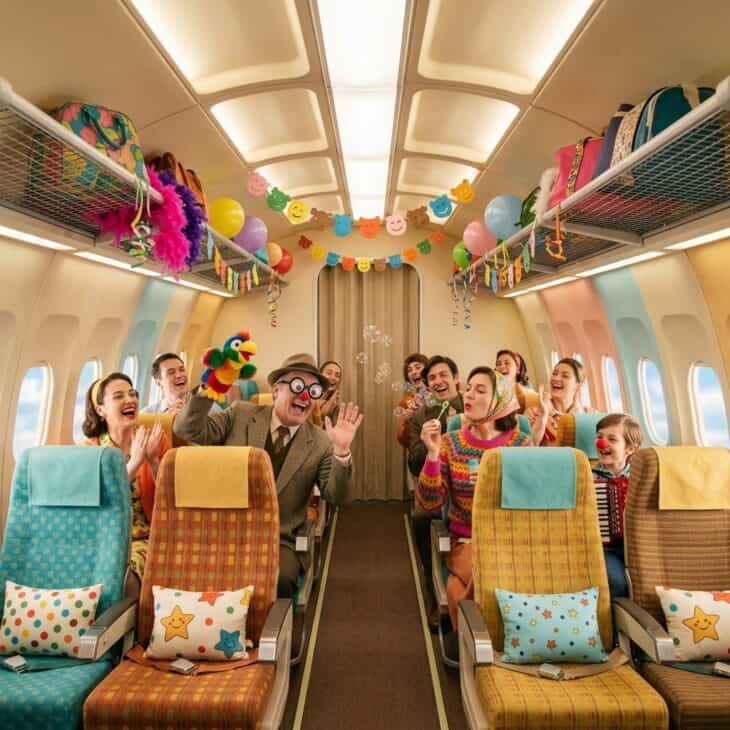 Bright vintage commercial airliner cabin interior with mid-century style seating