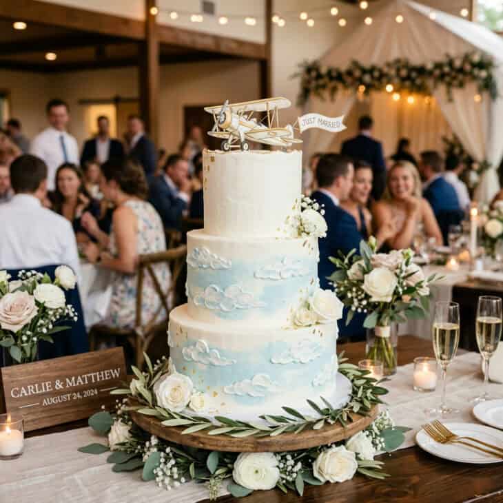 A cloud-tier cake is finished with a hand-painted propeller plane topper.