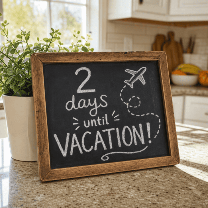 A hand-lettered chalkboard counts down the days with a small drawn airplane trailing its path.