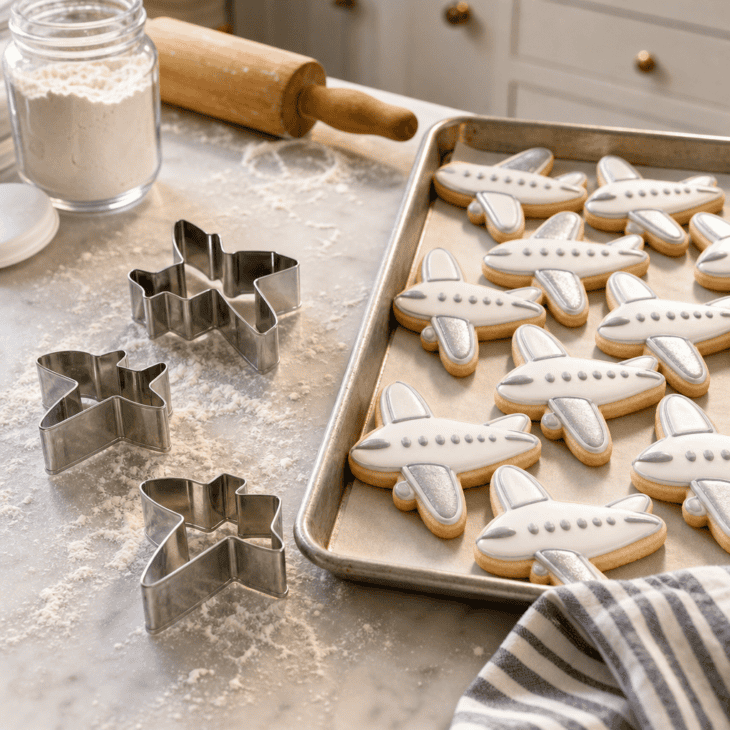 Airplane-shaped cookie cutters beside a tray of iced sugar cookies.