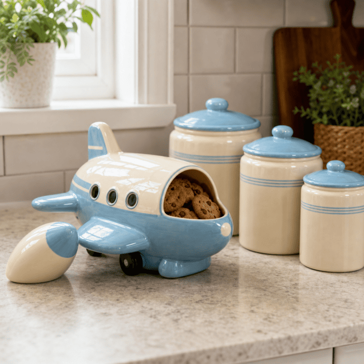 A fuselage-shaped cookie jar anchors the matching canister set on the counter.