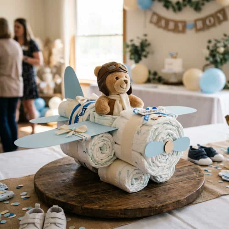 Rolled diapers become a playful aircraft centerpiece that is useful afterward.