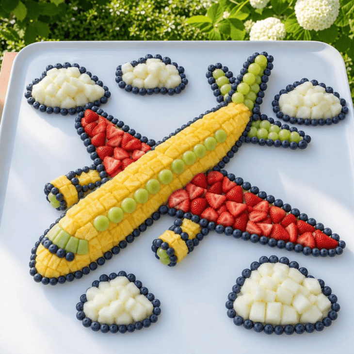 Blocks of colorful fruit form a large edible airplane centerpiece.