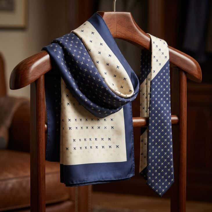 A subtle repeating airplane print reads as a pattern first and a theme second.