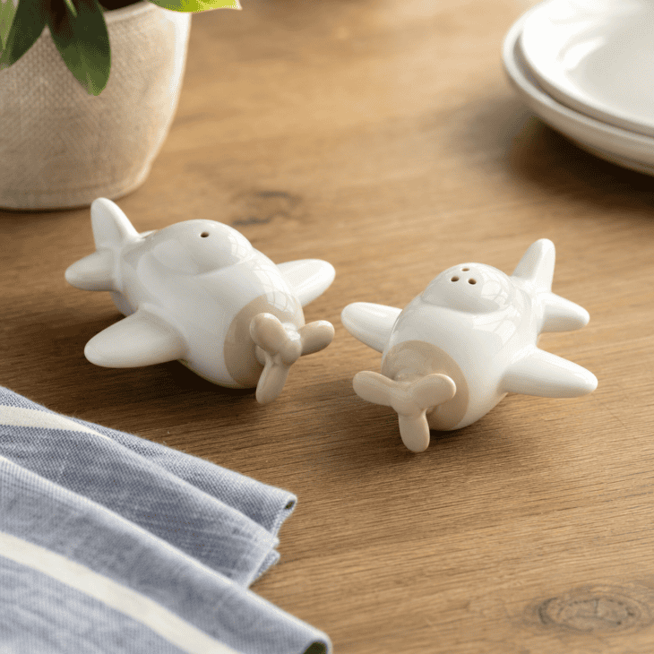 A pair of airplane-shaped shakers sits ready on the table.