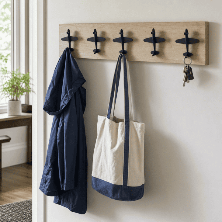Airplane-silhouette hooks keep coats and bags off the floor.