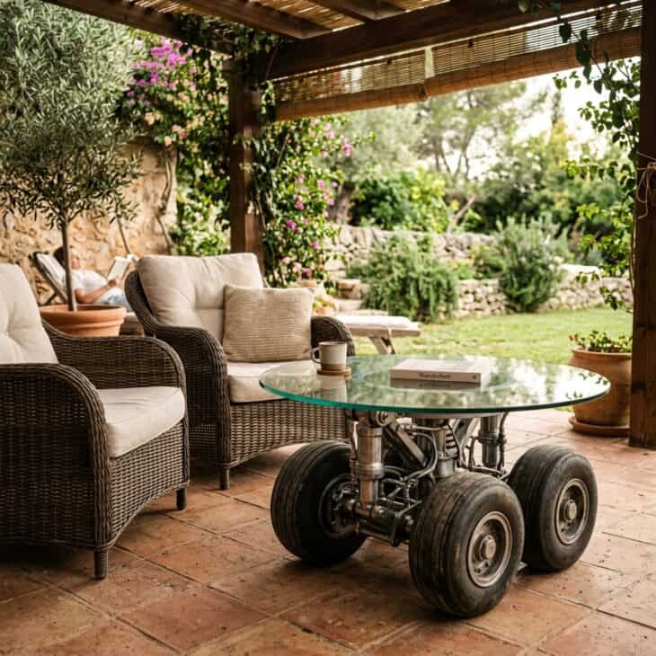 A landing-gear wheel base supports a glass-topped coffee table on the covered patio.