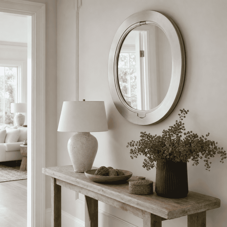 A porthole-style mirror greets visitors just inside the front door.
