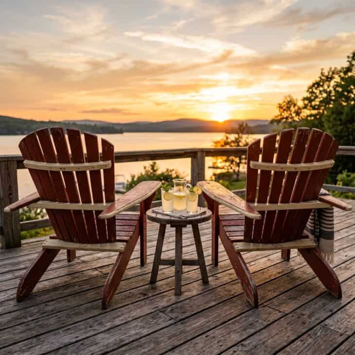 A pair of wing-armed Adirondack chairs face the sunset from the deck.