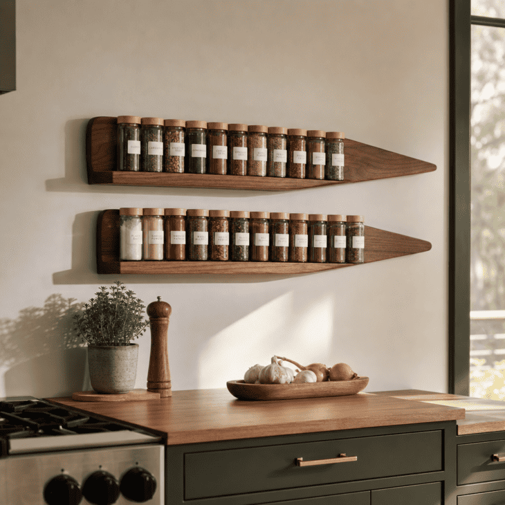 Wing-shaped floating shelves hold the spice collection beside the stove.