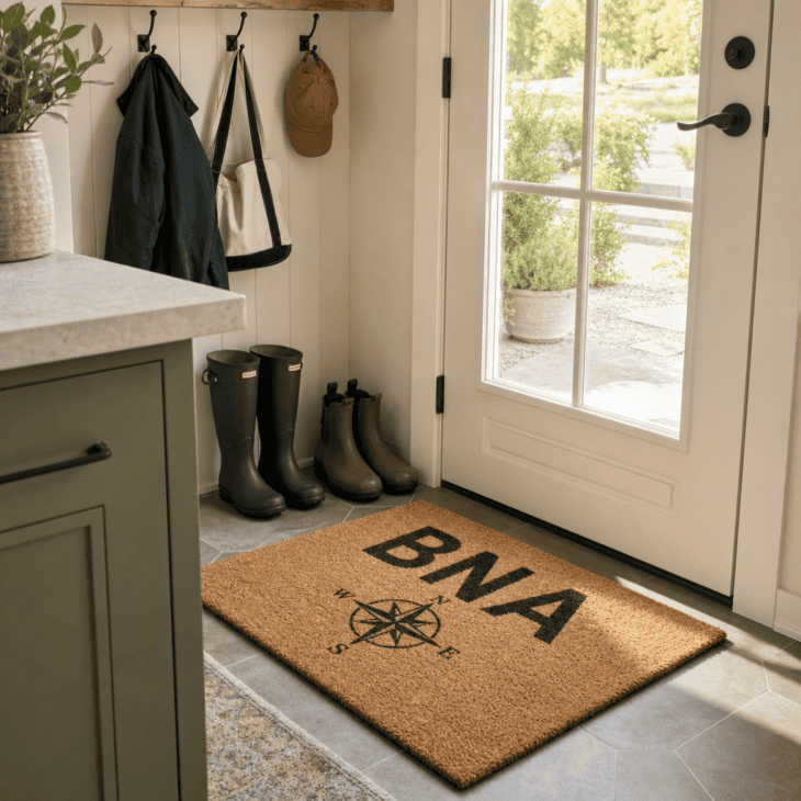 An airport-code mat greets everyone at the kitchen's back entry.