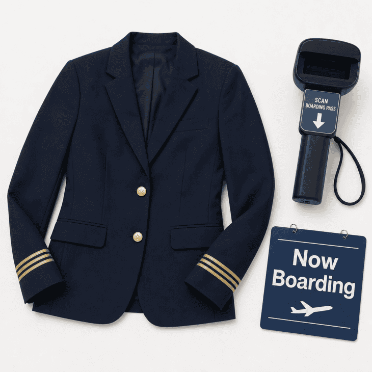 A navy blazer, a scanner prop, and a laminated Now Boarding sign.