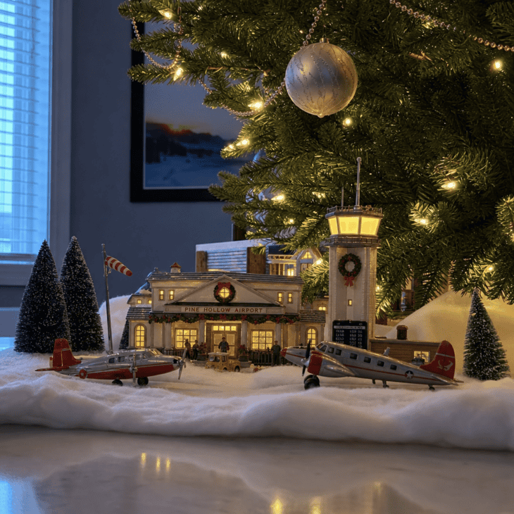 A miniature terminal, control tower, and taxiing planes make up a tabletop airport village.